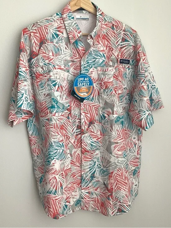 Columbia Super Tamiami PFG Coral & Teal Tropical Short-Sleeve Button-Down Shirt - Picture 1 of 12